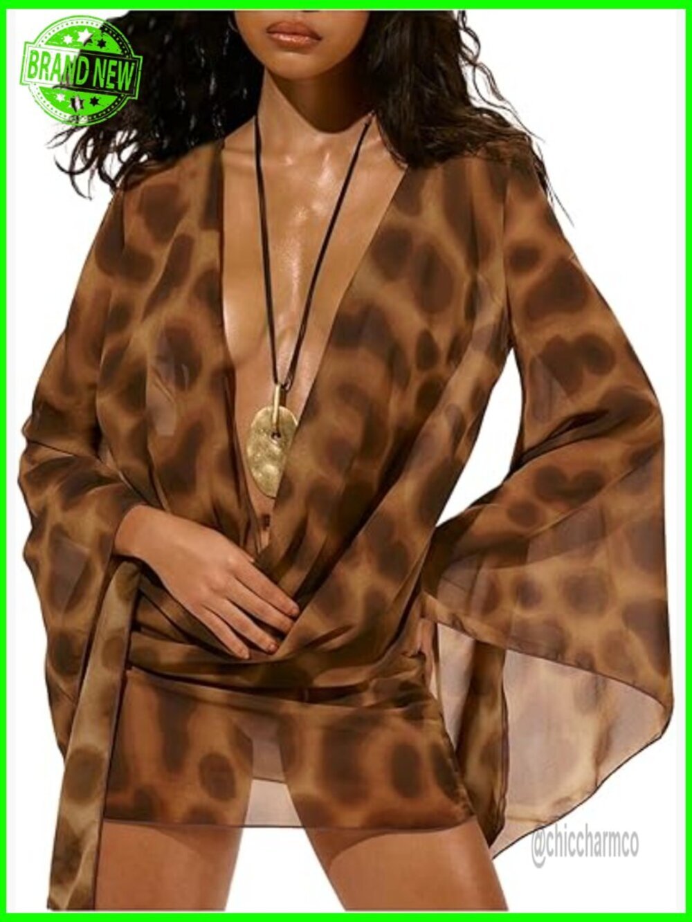 Women's Animal Print Bell Sleeve Swim Cover Up Sundress Mini Deep V Cowl Neck